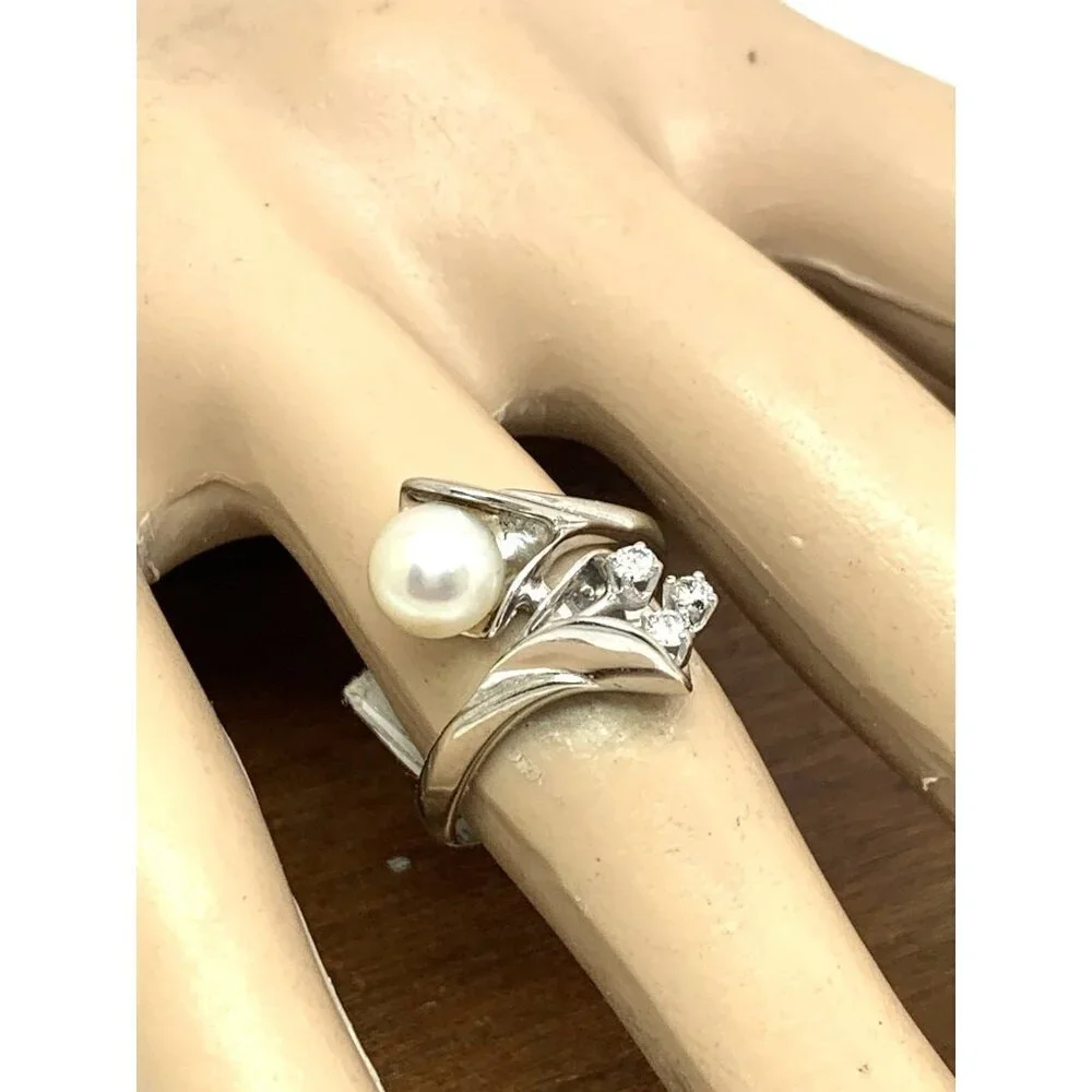 White Pearl 7mm Diamond Cocktail Ring 14k White Gold Estate Women's Size 8.25